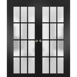Sliding French Double Pocket Doors Frosted Glass 12 Lites | Felicia 3312 Matte Black | Kit Trims Rail Hardware | Solid Wood Interior Bedroom Sturdy Doors -36" x 80" (2* 18x80)