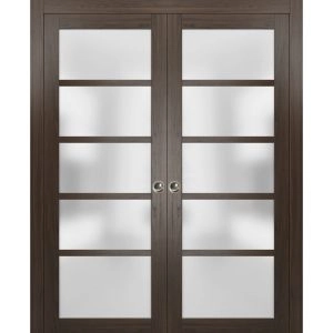 Sliding French Double Pocket Doors | Quadro 4002 Chocolate Ash with Frosted Glass | Kit Trims Rail Hardware | Solid Wood Interior Bedroom Sturdy Doors