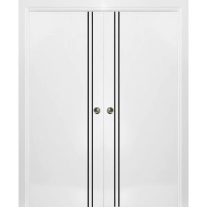 Sliding Double Pocket Door with Frames | Planum 0016 White Silk and Aluminum Strips | Kit Trims Rail Hardware | Solid Wood Interior Bedroom Bathroom Closet Sturdy Doors