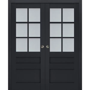 Sliding French Double Pocket Doors | Veregio 7339 Antracite with Frosted Glass | Kit Trims Rail Hardware | Solid Wood Interior Bedroom Sturdy Doors