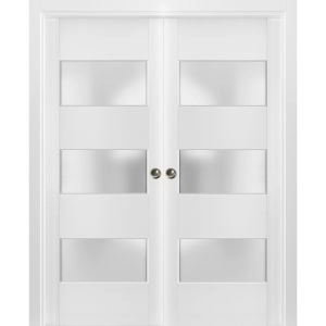 Sliding French Double Pocket Doors 3 Lites | Lucia 4070 White Silk with Frosted Glass | Kit Trims Rail Hardware | Solid Wood Interior Bedroom Sturdy Doors