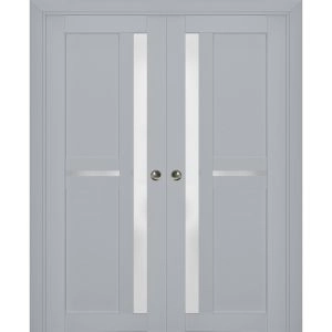 Sliding French Double Pocket Doors | Veregio 7288 Matte Grey with Frosted Glass | Kit Trims Rail Hardware | Solid Wood Interior Bedroom Sturdy Doors