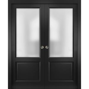 Sliding French Double Pocket Doors | Lucia 22 Matte Black with Frosted Glass | Kit Trims Rail Hardware | Solid Wood Interior Bedroom Sturdy Doors