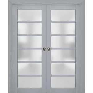 Sliding French Double Pocket Doors | Veregio 7602 Matte Grey with Frosted Glass | Kit Trims Rail Hardware | Solid Wood Interior Bedroom Sturdy Doors