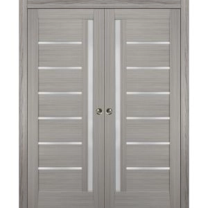 Sliding French Double Pocket Doors | Quadro 4088 Ginger Ash with Frosted Glass | Kit Trims Rail Hardware | Solid Wood Interior Bedroom Sturdy Doors