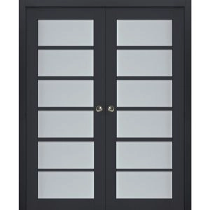 Sliding French Double Pocket Doors | Veregio 7602 Antracite with Frosted Glass | Kit Trims Rail Hardware | Solid Wood Interior Bedroom Sturdy Doors