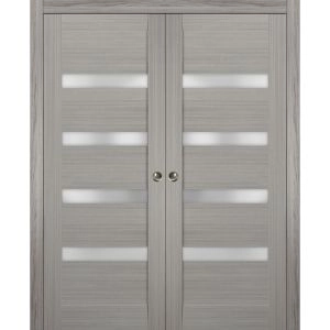 Sliding French Double Pocket Doors | Quadro 4113 Ginger Ash with Frosted Glass | Kit Trims Rail Hardware | Solid Wood Interior Bedroom Sturdy Doors