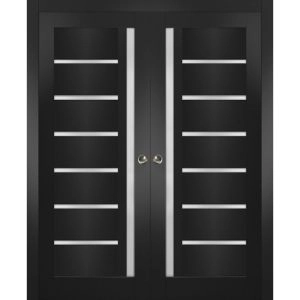 Sliding French Double Pocket Doors | Quadro 4088 Matte Black with Frosted Glass | Kit Trims Rail Hardware | Solid Wood Interior Bedroom Sturdy Doors
