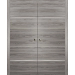 Modern Double Pocket Doors | Planum 0020 Ginger Ash | Kit Trims Rail Hardware | Solid Wood Interior Bedroom Sliding Closet Sturdy Door