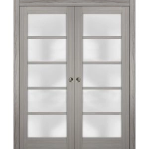Sliding French Double Pocket Doors | Quadro 4002 Ginger Ash with Frosted Glass | Kit Trims Rail Hardware | Solid Wood Interior Bedroom Sturdy Doors