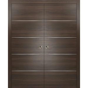 Modern Double Pocket Doors | Planum 0020 Chocolate Ash | Kit Trims Rail Hardware | Solid Wood Interior Bedroom Sliding Closet Sturdy Door
