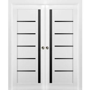 Sliding French Double Pocket Doors | Quadro 4588 White Silk with Black Glass | Kit Trims Rail Hardware | Solid Wood Interior Bedroom Sturdy Doors