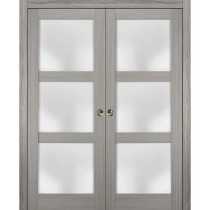 Sliding French Double Pocket Doors | Lucia 2552 Ginger Ash with Frosted Glass | Kit Trims Rail Hardware | Solid Wood Interior Bedroom Sturdy Doors