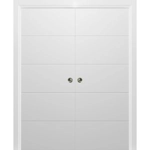 Modern Double Pocket Doors | Planum 0770 Painted White Matte | Kit Trims Rail Hardware | Solid Wood Interior Bedroom Sliding Closet Sturdy Door