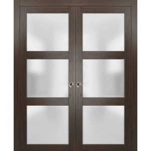 Sliding French Double Pocket Doors | Lucia 2552 Chocolate Ash with Frosted Glass | Kit Trims Rail Hardware | Solid Wood Interior Bedroom Sturdy Doors