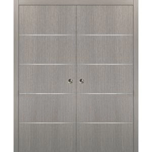 Modern Double Pocket Doors | Planum 0020 Grey Oak | Kit Trims Rail Hardware | Solid Wood Interior Bedroom Sliding Closet Sturdy Door