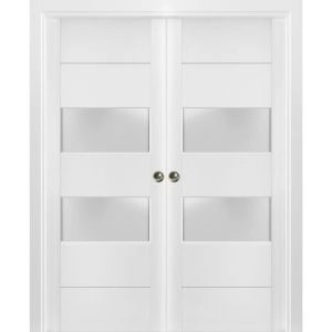 Sliding French Double Pocket Doors 2 lites | Lucia 4010 White Silk with Frosted Glass | Kit Trims Rail Hardware | Solid Wood Interior Bedroom Sturdy Doors