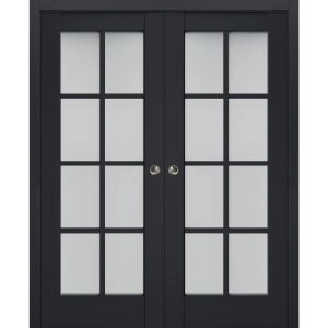 Sliding French Double Pocket Doors | Veregio 7412 Antracite with Frosted Glass | Kit Trims Rail Hardware | Solid Wood Interior Bedroom Sturdy Doors