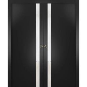Sliding French Double Pocket Doors | Planum 0040 Matte Black with White Glass | Kit Trims Rail Hardware | Solid Wood Interior Bedroom Sturdy Doors
