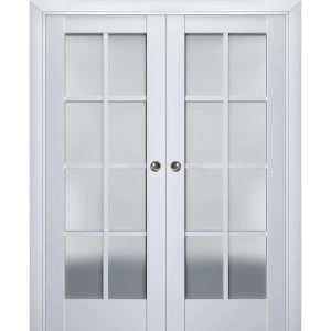 Sliding French Double Pocket Doors | Veregio 7412 White Silk with Frosted Glass | Kit Trims Rail Hardware | Solid Wood Interior Bedroom Sturdy Doors