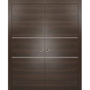 Sliding Double Pocket Door with Frames | Planum 0110 Chocolate Ash and Aluminum Strips | Kit Trims Rail Hardware | Solid Wood Interior Bedroom Bathroom Closet Sturdy Doors