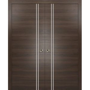Sliding Double Pocket Door with Frames | Planum 0310 Chocolate Ash and Aluminum Strips | Kit Trims Rail Hardware | Solid Wood Interior Bedroom Bathroom Closet Sturdy Doors