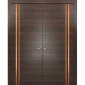 Sliding Double Pocket Door with Frames | Planum 1010 Chocolate Ash and Aluminum Strips | Kit Trims Rail Hardware | Solid Wood Interior Bedroom Bathroom Closet Sturdy Doors