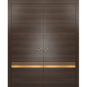 Sliding Double Pocket Door with Frames | Planum 2010 Chocolate Ash and Aluminum Strips | Kit Trims Rail Hardware | Solid Wood Interior Bedroom Bathroom Closet Sturdy Doors