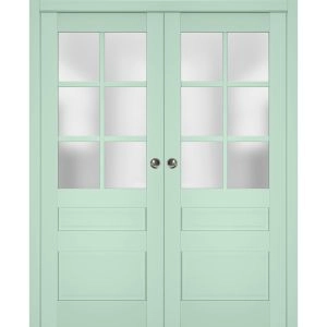 Sliding French Double Pocket Doors | Veregio 7339 Oliva with Frosted Glass | Kit Trims Rail Hardware | Solid Wood Interior Bedroom Sturdy Doors