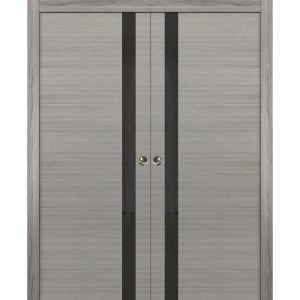 Sliding French Double Pocket Doors | Planum 0040 Grey Oak with Black Glass | Kit Trims Rail Hardware | Solid Wood Interior Bedroom Sturdy Doors