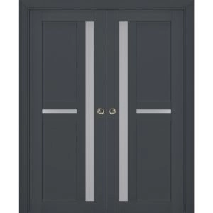 Sliding French Double Pocket Doors | Veregio 7288 Antracite with Frosted Glass | Kit Trims Rail Hardware | Solid Wood Interior Bedroom Sturdy Doors
