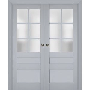 Sliding French Double Pocket Doors | Veregio 7339 Matte Grey with Frosted Glass | Kit Trims Rail Hardware | Solid Wood Interior Bedroom Sturdy Doors