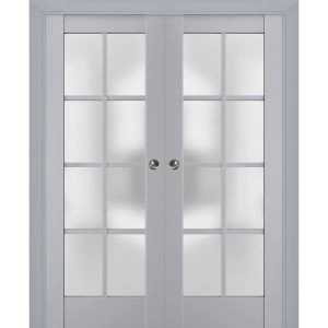 Sliding French Double Pocket Doors | Veregio 7412 Matte Grey with Frosted Glass | Kit Trims Rail Hardware | Solid Wood Interior Bedroom Sturdy Doors