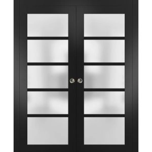 Sliding French Double Pocket Doors | Quadro 4002 Black Matte with Frosted Glass | Kit Trims Rail Hardware | Solid Wood Interior Bedroom Sturdy Doors