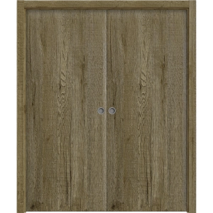 Sliding French Double Pocket Doors 36 x 80 inches | BASIC 3001 Antique Oak | Kit Rail Hardware | Solid Wood Interior Bedroom Modern Doors