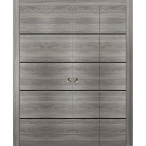 Sliding Closet Double Bi-fold Doors | Planum 0015 Ginger Ash and Aluminum Strips | Sturdy Tracks Moldings Trims Hardware Set | Wood Solid Bedroom Wardrobe Doors