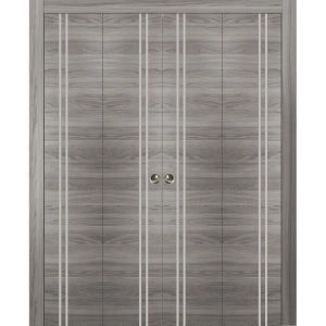 Sliding Closet Double Bi-fold Doors | Planum 0310 Ginger Ash and Aluminum Strips | Sturdy Tracks Moldings Trims Hardware Set | Wood Solid Bedroom Wardrobe Doors