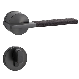 Door Euro Handle TORONTO for Magnetic Lock, Graphite and Brown Leather, Privacy