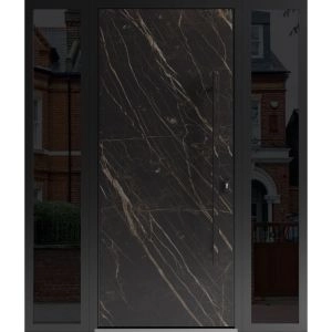 Front Exterior Prehung Steel Door / Dekton 0118 Natural Noir / 2 Side Exterior Windows Sidelites/ Entry Metal Modern Painted W16+36+16" x H80" Left hand Inswing