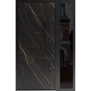 Front Exterior Prehung Steel Door / Dekton 0118 Natural Noir / Side Exterior Window Sidelite / Entry Metal Modern Painted W36+12" x H80" Left hand Inswing