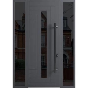 Front Exterior Prehung Steel Door / Ronex 0130 Grey 96" / 2 Sidelight Exterior Windows Sidelites/ Entry Metal Modern Painted W12+36+12" x H96" Left hand Inswing