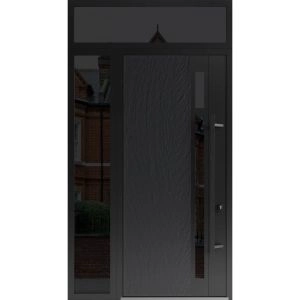 Front Exterior Prehung Steel Door / Dekton 0163 Ardesia Nero 96”/ Side and Top Exterior Window Sidelite / Entry Metal Modern Painted W36+16" x H96+16" Left hand Inswing
