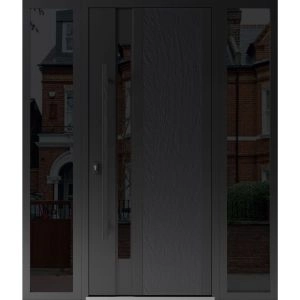 Front Exterior Prehung Steel Door / Dekton 0163 Ardesia Nero / 2 Side Exterior Windows Sidelites/ Entry Metal Modern Painted W16+36+16" x H80" Right hand Inswing