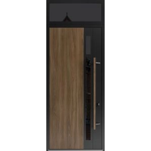 Front Exterior Prehung Steel Door / Dekton 0163 Venezia Noce 96”/ Top Exterior Window Sidelite / Entry Metal Modern Painted W36" x H96+16" Left hand Inswing