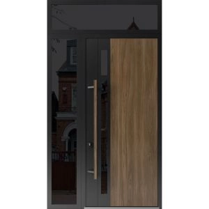 Front Exterior Prehung Steel Door / Dekton 0163 Venezia Noce 96”/ Side and Top Exterior Window Sidelite / Entry Metal Modern Painted W36+16" x H96+16" Right hand Inswing