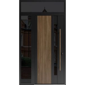 Front Exterior Prehung Steel Door / Dekton 0163 Venezia Noce / Side and Top Exterior Window Sidelite / Entry Metal Modern Painted W36+16" x H80+16" Left hand Inswing