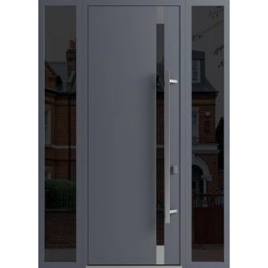 Front Exterior Prehung Steel Door / Ronex 1011 Grey 96" / 2 Sidelight Exterior Windows Sidelites/ Stainless Inserts Entry Metal Modern Painted W12+36+12" x H96" Left hand Inswing