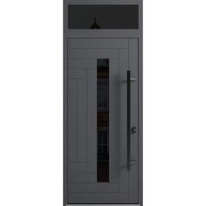 Front Exterior Prehung Steel Door / Ronex 0130 Grey / Transom Window Sidelite / Entry Metal Modern Painted W36" x H80+16" Left hand Inswing