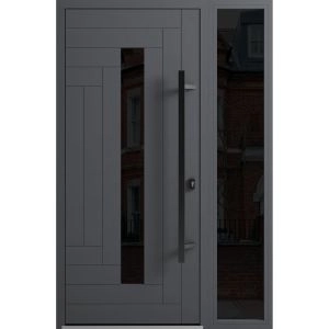 Front Exterior Prehung Steel Door / Ronex 0130 Grey / Sidelight Exterior Window Sidelite / Entry Metal Modern Painted W36+12" x H80" Left hand Inswing