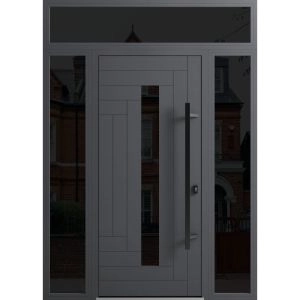 Front Exterior Prehung Steel Door / Ronex 0130 Grey / 2 Sidelight and Transom Window Sidelite / Entry Metal Modern Painted W12+36+12" x H80+16" Left hand Inswing